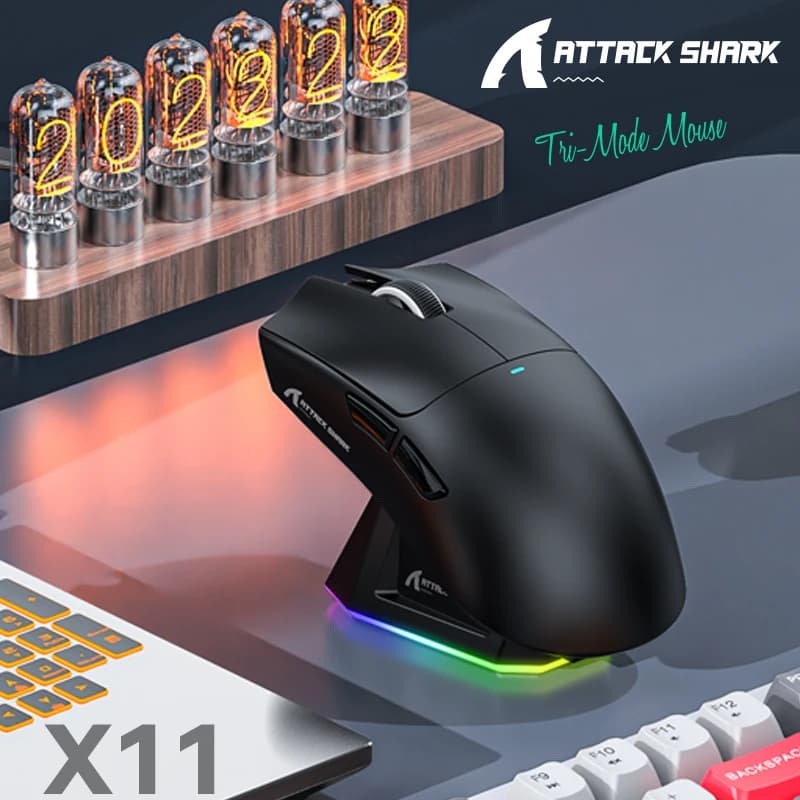 Mouse sem fio Attack Shark X11, conexão tripla, PixArt PAW3311, base de carregamento magnético sensível ao toque, mouse macro para jogos