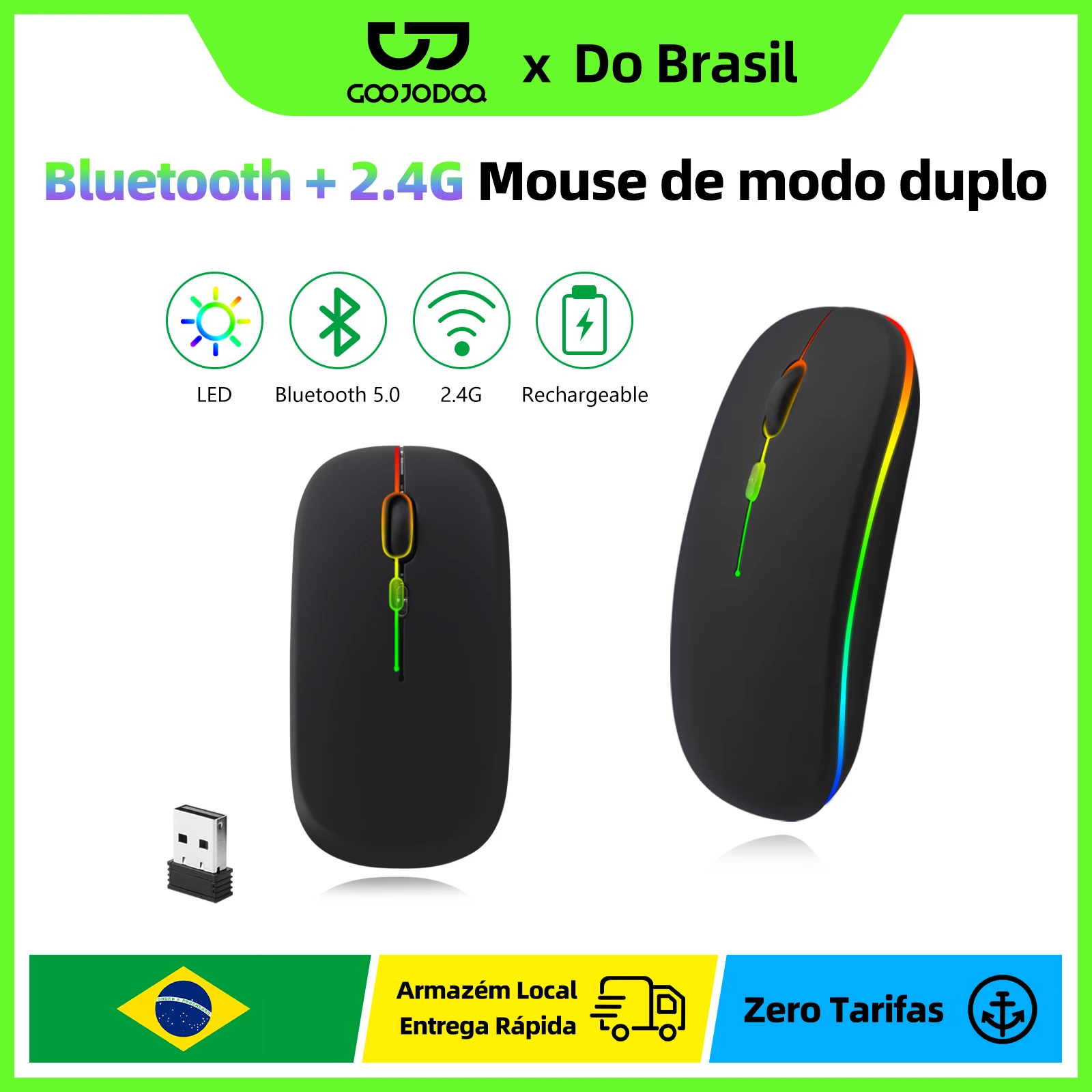 GOOJODOQ Bluetooth + 2.4G Mouse de modo duplo recarregável luz colorida 800-1200-1600 DPI clique silencioso design ergonômico