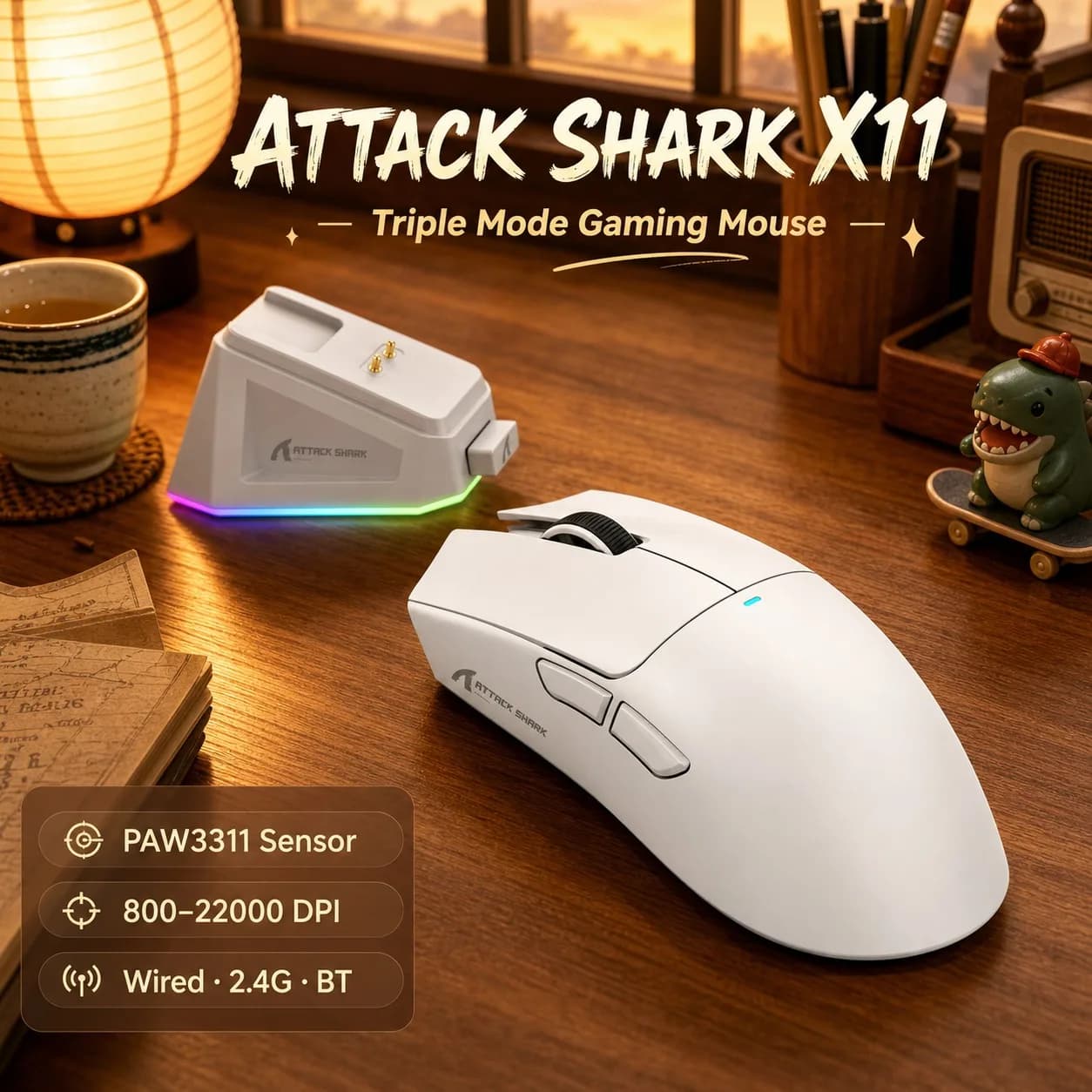 Mouse para jogos sem fio Attack Shark X11 X11SE de 3 modos, PAW3311, 22000 DPI, 400IPS, mouse para jogos para PC, X11: 59±3g