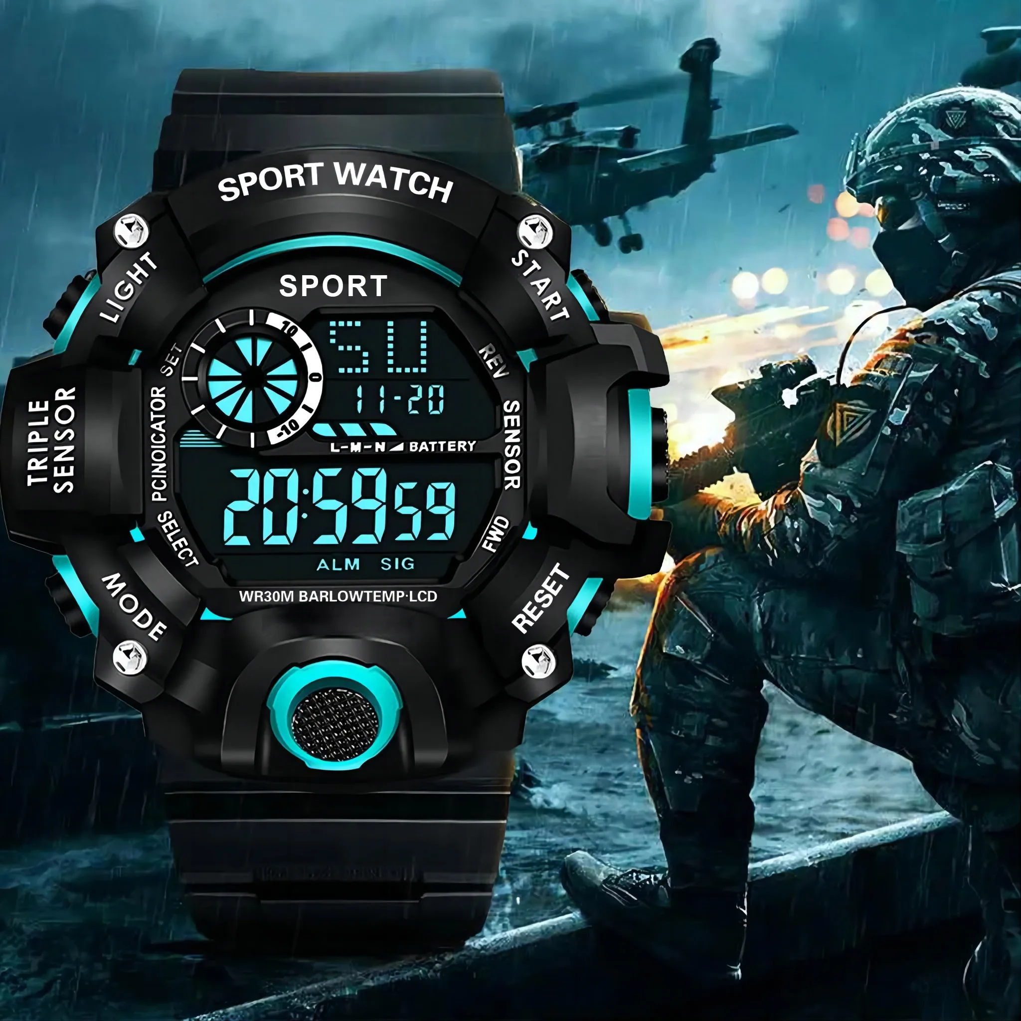 Relógio Masculino Esportivo Eletrônico com Mostrador Grande, Multifuncional, à Prova d'Água, Luminoso, com Alarme, Relógio Militar para Crianças e Homens