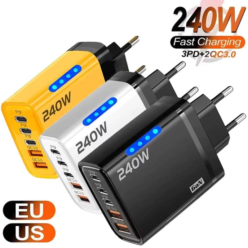 Carregador de celular 240W GaN 5 em 1 com carregamento rápido, adaptador de energia USB C, carregador de parede com plugue EU/US para iPhone, Samsung e Xiaomi