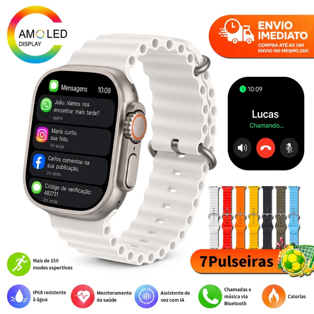 2026 Smartwatch 6 Em 1 Tela AMOLED 2.02" HD GPS NFC Monitor Saúde 120 Modos Esportivos 45mm/49mm Para Android IOS