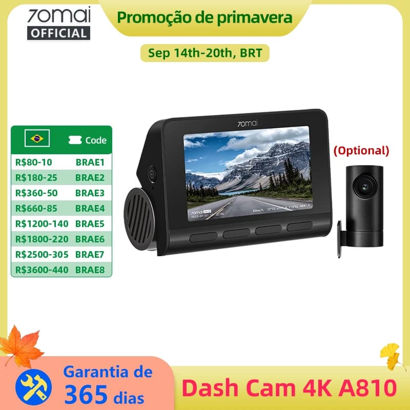 Câmera Veicular 70mai 4K A810 Conjunto Frontal e Traseiro Suporte para Módulo 4G LTE UP04 Controle Remoto GPS ADAS DVR de Carro 70mai A810