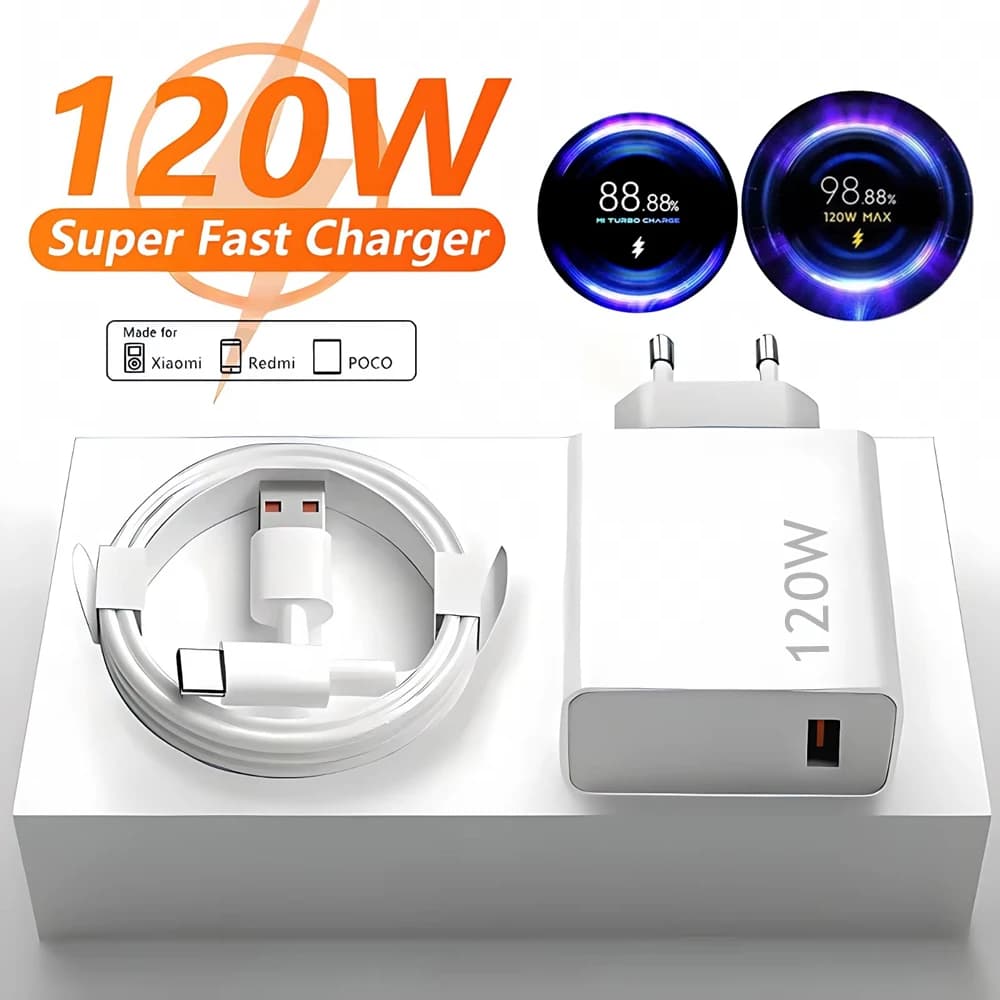 Carregador de Parede USB Rápido 6A 120W EU para Xiaomi 11 12 13 14 15 Ultra Redmi Note 11T 12 13 POCO F6 X5 Pro Cabo de Carregamento Turbo Tipo C