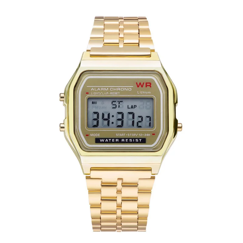 Relógio de banda de aço não impermeável F91W para mulheres, homens, relógio de negócios, relógio esportivo digital LED multifuncional, relógio eletrônico