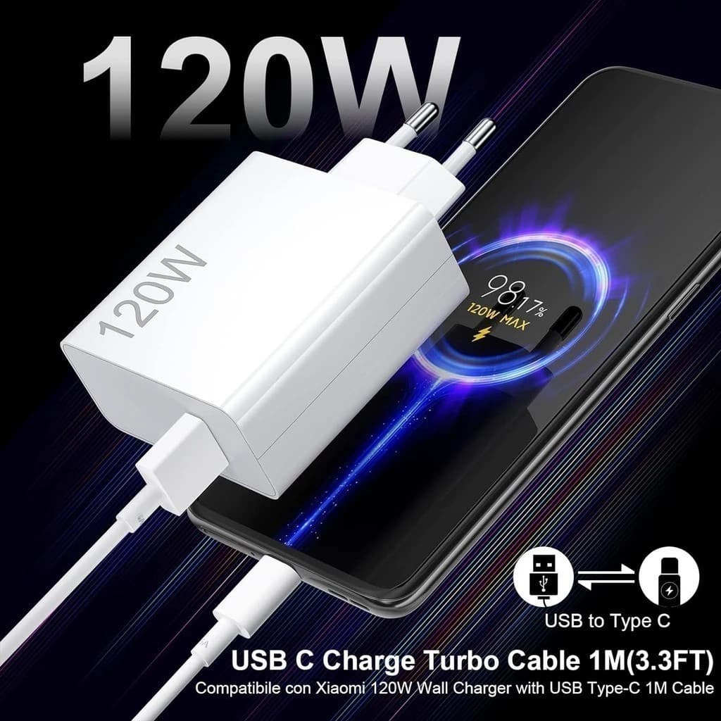 Carregador rápido de 120W com 6A USB C cabo 1M para Mi Turbo Charge Turbo Power Cabo USB + Cabo Tipo C