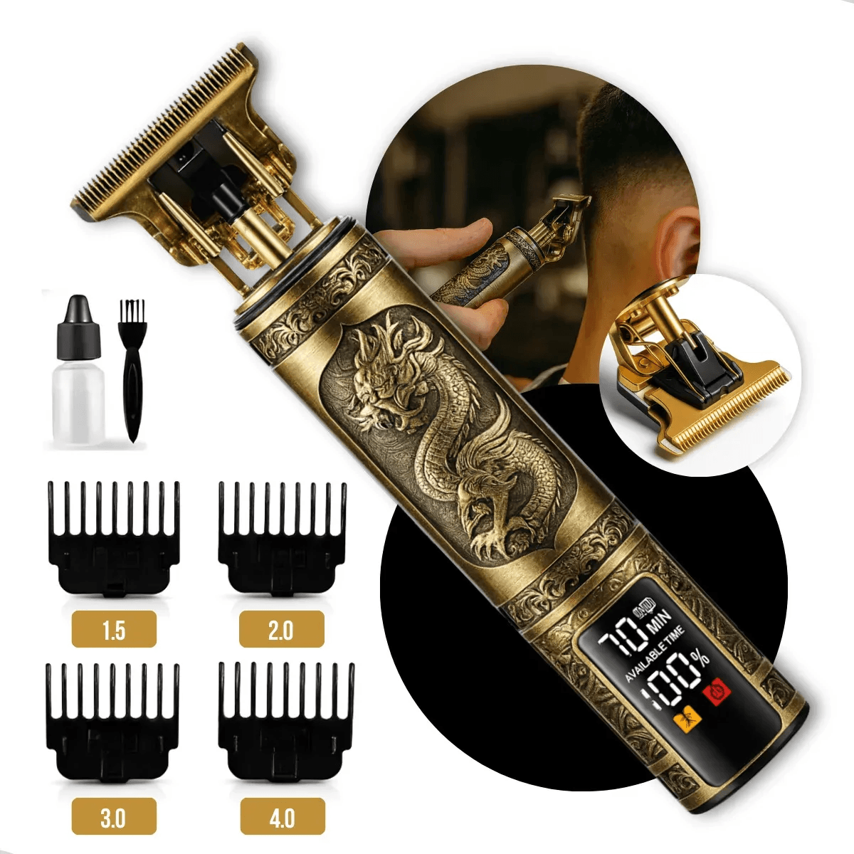 Maquina De Cortar Cabelo Barbear Sem Fio Maquininha Dragão Elétrica Aparador De Pelos Acabamento Depilador 4 Pentes Intimo Masculino Motor Recarregável Usb Tipo C Dourado Nixzen